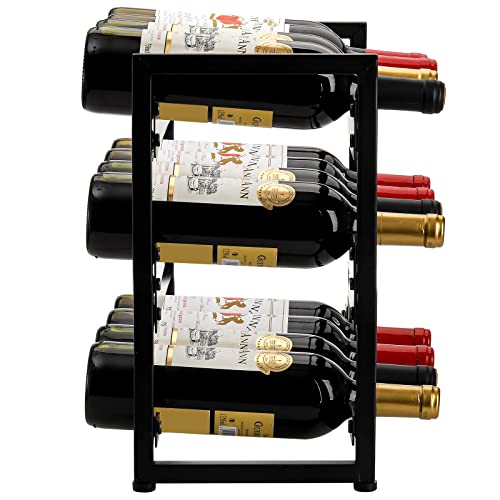 AVLA Metal Wine Rack Freestanding, Rustic 3 Tier Countertop Bottle Holder, Liquor Display Storage Organizer Stand, 12 Bottles Solid Floor Wine Cabinet Shelf for Kitchen, Tabletop, Bar, Dining Room