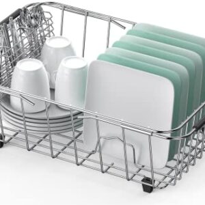 Large Sink Dish Drying Rack, Expandable 304 Stainless Steel Metal Dish Drainer Rack Organizer Shelves with Stainless Steel Utensil Holder Over Inside Sink, Rustproof