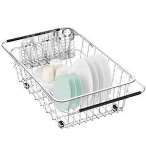 large sink dish drying rack, expandable 304 stainless steel metal dish drainer rack organizer shelves with stainless steel utensil holder over inside sink, rustproof