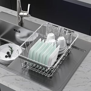 Large Sink Dish Drying Rack, Expandable 304 Stainless Steel Metal Dish Drainer Rack Organizer Shelves with Stainless Steel Utensil Holder Over Inside Sink, Rustproof