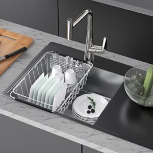 Large Sink Dish Drying Rack, Expandable 304 Stainless Steel Metal Dish Drainer Rack Organizer Shelves with Stainless Steel Utensil Holder Over Inside Sink, Rustproof