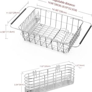 Large Sink Dish Drying Rack, Expandable 304 Stainless Steel Metal Dish Drainer Rack Organizer Shelves with Stainless Steel Utensil Holder Over Inside Sink, Rustproof