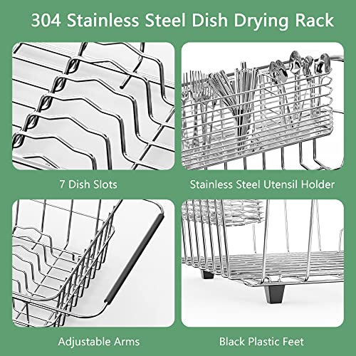 Large Sink Dish Drying Rack, Expandable 304 Stainless Steel Metal Dish Drainer Rack Organizer Shelves with Stainless Steel Utensil Holder Over Inside Sink, Rustproof