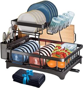 etship dish drying rack with drainboard set, stainless steel 2 tier large dish racks for kitchen counter, dish drainer with utensil holder, dish strainers with extra drying mat (black)