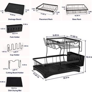 etship Dish Drying Rack with Drainboard Set, Stainless Steel 2 Tier Large Dish Racks for Kitchen Counter, Dish Drainer with Utensil Holder, Dish Strainers with Extra Drying Mat (Black)