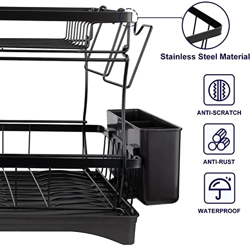 etship Dish Drying Rack with Drainboard Set, Stainless Steel 2 Tier Large Dish Racks for Kitchen Counter, Dish Drainer with Utensil Holder, Dish Strainers with Extra Drying Mat (Black)