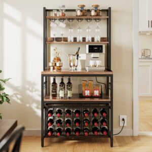 yitahome kitchen microwave bakers stand with wine rack, wine rack freestanding floor, small storage shelves for liquor bottle glasses power outlet farmhouse coffee bar 31 inch, rustic brown