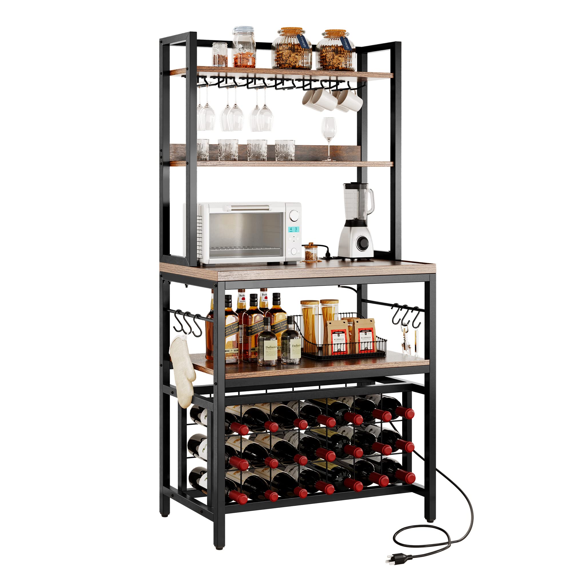 YITAHOME Kitchen Microwave Bakers Stand with Wine Rack, Wine Rack Freestanding Floor, Small Storage Shelves for Liquor Bottle Glasses Power Outlet Farmhouse Coffee Bar 31 Inch, Rustic Brown