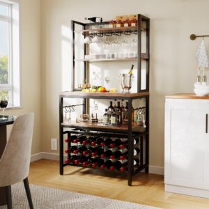 YITAHOME Kitchen Microwave Bakers Stand with Wine Rack, Wine Rack Freestanding Floor, Small Storage Shelves for Liquor Bottle Glasses Power Outlet Farmhouse Coffee Bar 31 Inch, Rustic Brown