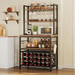 YITAHOME Kitchen Microwave Bakers Stand with Wine Rack, Wine Rack Freestanding Floor, Small Storage Shelves for Liquor Bottle Glasses Power Outlet Farmhouse Coffee Bar 31 Inch, Rustic Brown