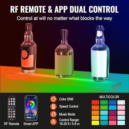 VEVOR LED Lighted Liquor Bottle Display, 1 Tier 24 Inches, Supports USB, Illuminated Home Bar Shelf with RF Remote & App Control 7 Static Colors 1-4 H Timing, Acrylic Lighting Shelf for 6 Bottles