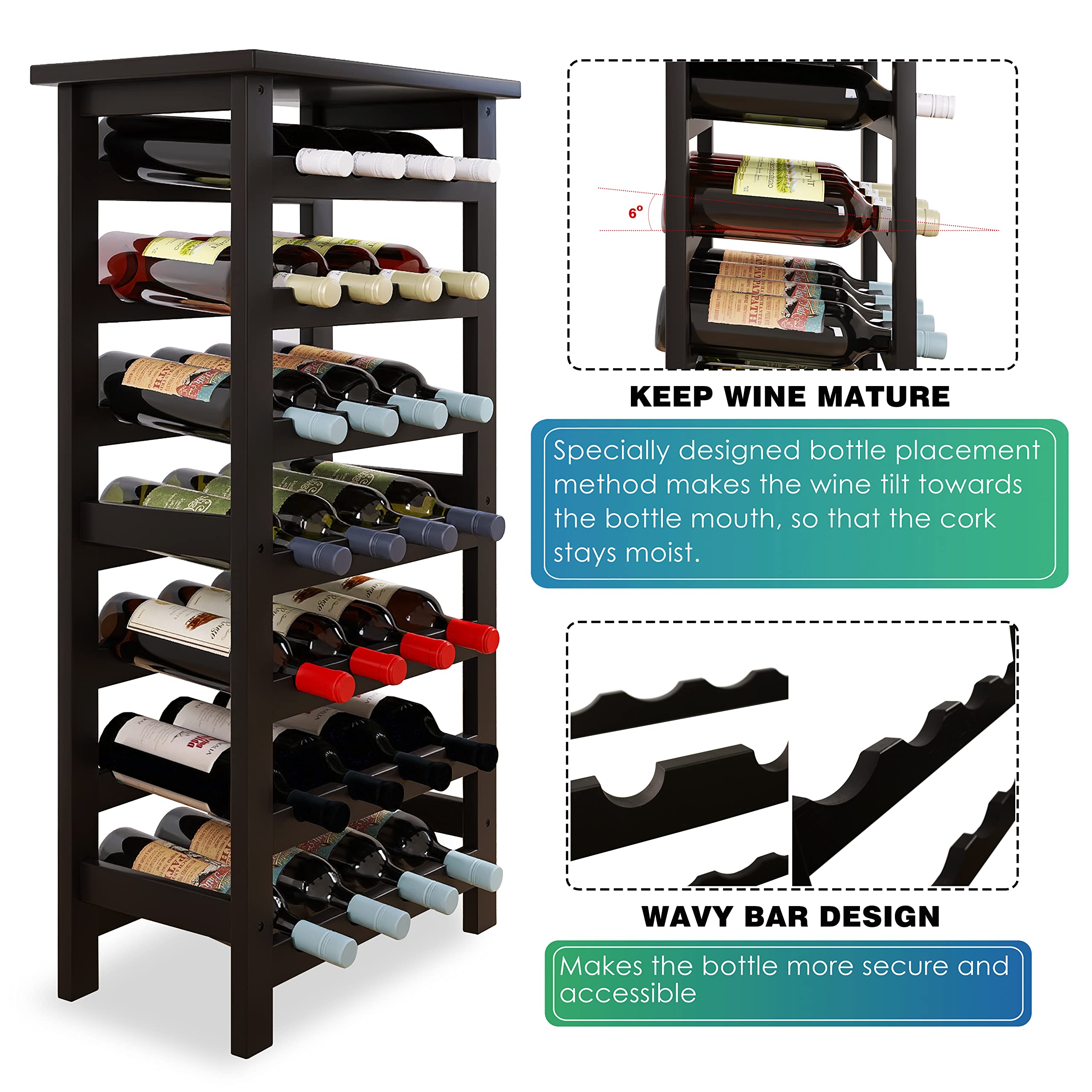 SMIBUY Bamboo Wine Rack, 28 Bottles Display Holder with Table Top, 7-Tier Free Standing Storage Shelves for Kitchen, Pantry, Cellar, Bar (Black)