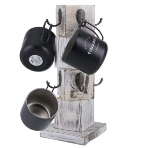 lierone 8 hooks coffee mug holder for counter rustic solid wood mug tree farmhouse wooden coffee cup rack distressed mug stand (white)