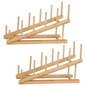 loftey dish drying rack | wooden plate stand | trapezoid plate organizer for cabinet and countertop | bamboo organizer for plate,bowl,cup,book,cards | 2pcs