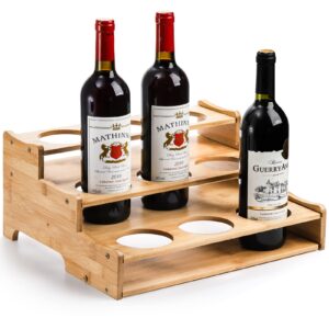 bekith 3 tier bamboo bottle holder stand, tabletop wine display riser 9 bottles, countertop bottle rack for kitchen, pantry, bar, cellar, cabinet, ideal storage for wine, soda, pop, syrups and beer