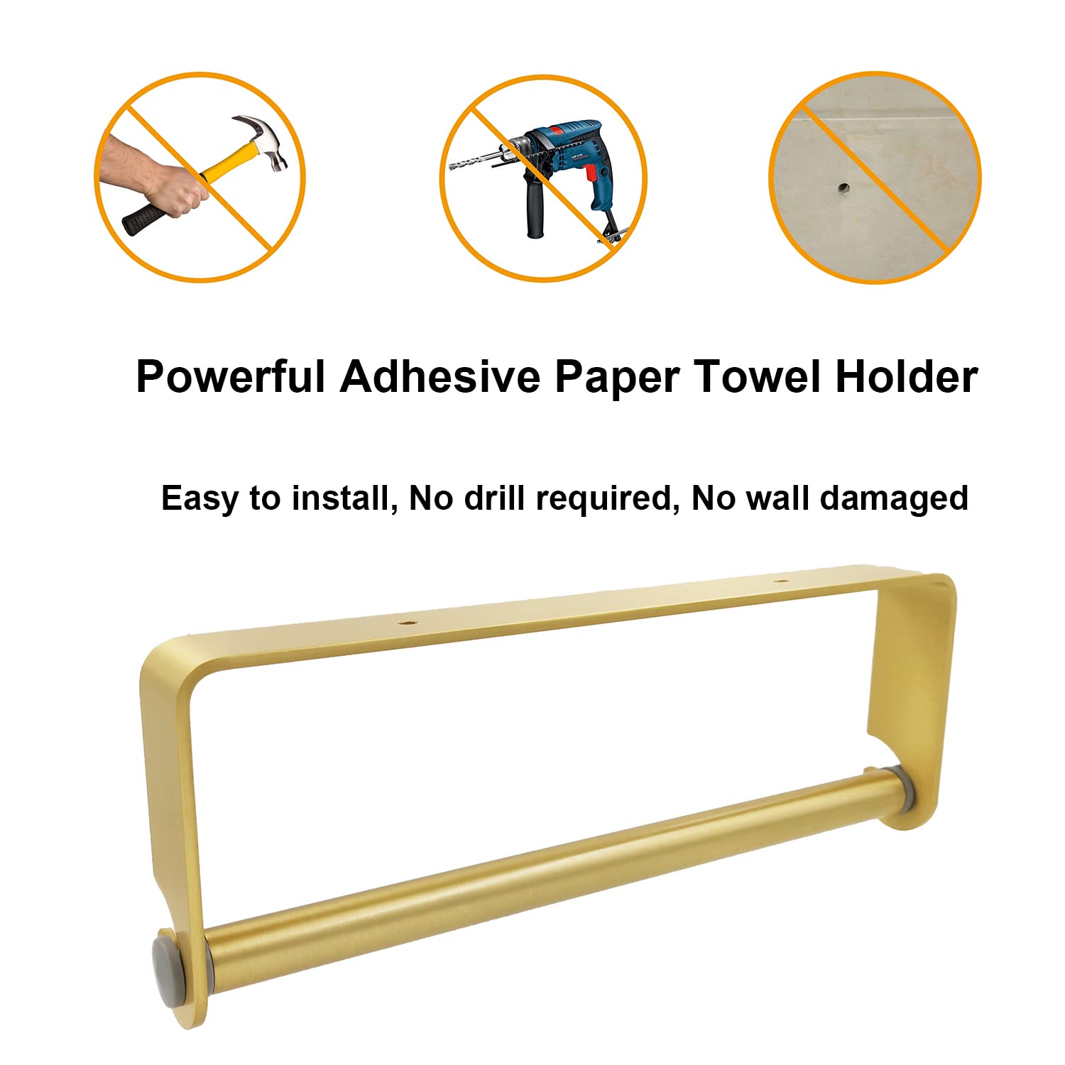 TeenGo Paper Towel Holder Under Cabinet, No Drilling & Wall Mount with 2 Self Adhesives for Kitchen(Golden)