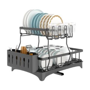 hnk trend dish drying rack, 2 tier stainless steel dish rack with drainboard, dish drainers for kitchen counter with utensil holder, large dishes drying rack dish drainer organizer