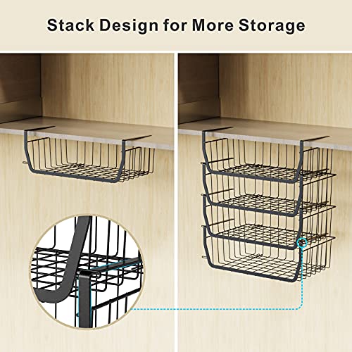 Under Shelf Basket, Veckle 4 Pack Stackable Under Cabinet Storage Space Saving Hanging Basket Easy to Install Pantry Organizer for Kitchen Bookshelf Cupboard, Black