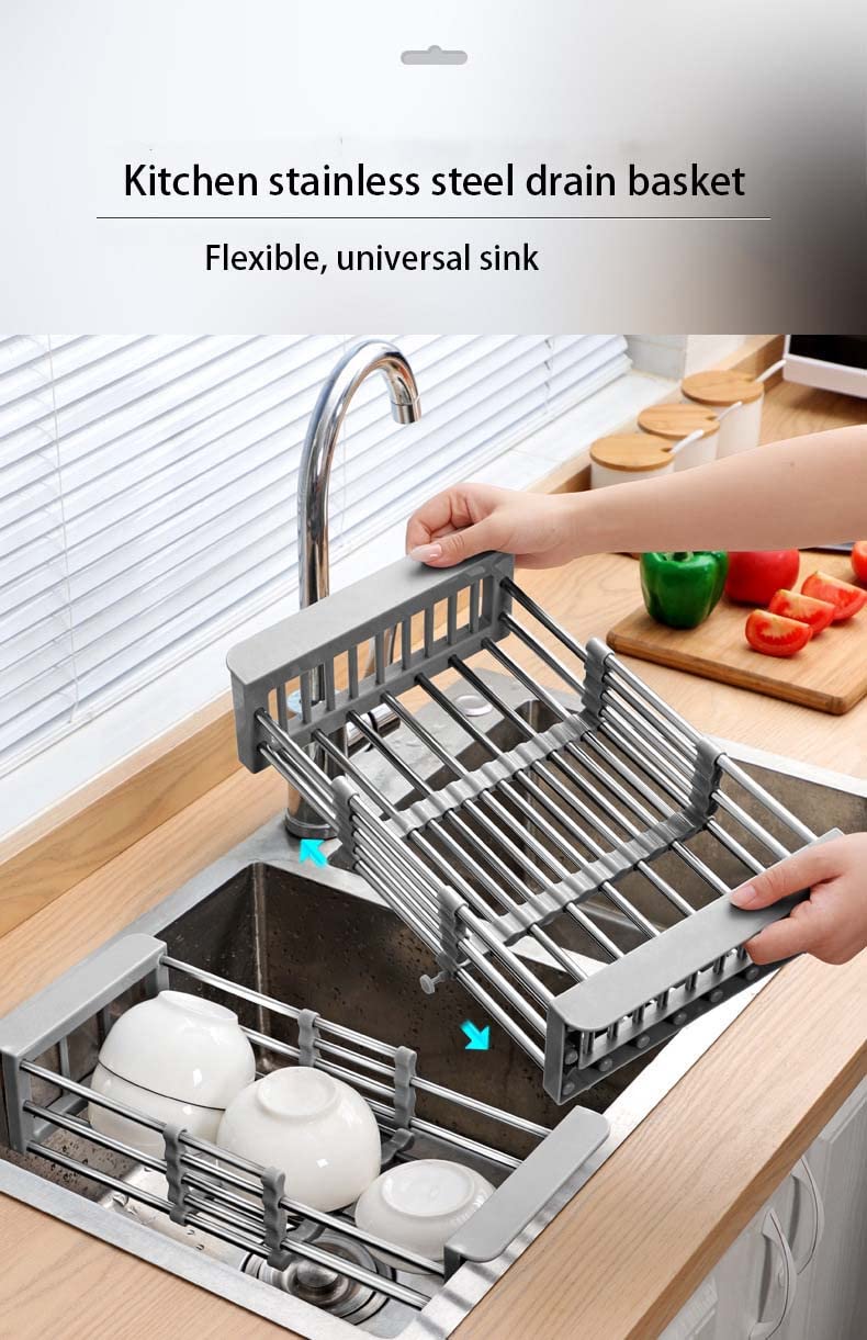 1pc Drain Rack | Retractable Stainless Steel Sink Strainer Drain | Stainless Steel Kitchen Basket | Kitchen Rack Drain Basket | Over The Sink Dish Drying Rack | 29 * 22.5 * 9cm/11.4 * 8.66 * 3.54in