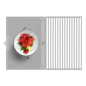 iword roll up dish drying rack with mat combo,splitted drying mat & dish drying rack,versatile roll up sink drying rack with a drain hole for easy water drainage, silicone mat for kitchen (29" x 20")