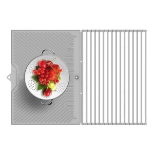 IWORD Roll Up Dish Drying Rack with Mat Combo,Splitted Drying Mat & Dish Drying Rack,Versatile Roll Up Sink Drying Rack with A Drain Hole for Easy Water Drainage, Silicone Mat for Kitchen (29" x 20")