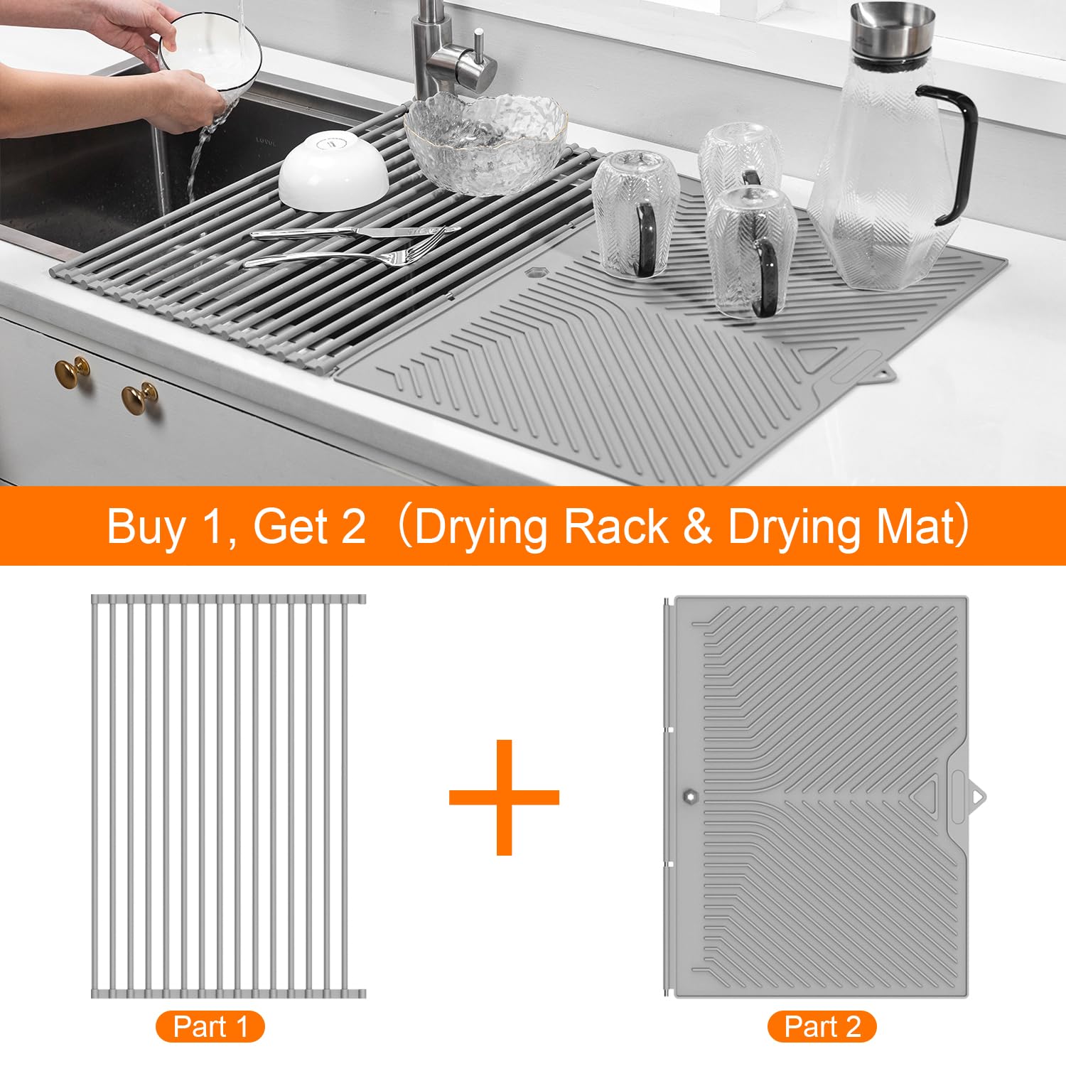 IWORD Roll Up Dish Drying Rack with Mat Combo,Splitted Drying Mat & Dish Drying Rack,Versatile Roll Up Sink Drying Rack with A Drain Hole for Easy Water Drainage, Silicone Mat for Kitchen (29" x 20")