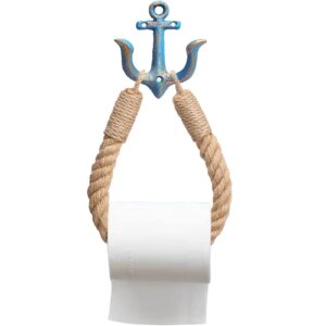 agolla nautical toilet paper holder, rustic-industrial wall-mounted beach themed rope towel ring with metal hook for bathroom decor (blue)