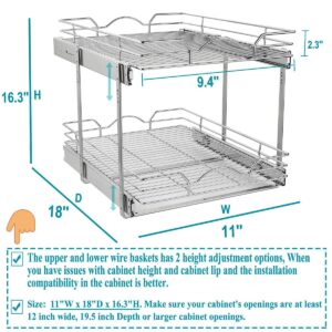 OCG 2 Tier Pull Out Cabinet Organizer (11" W x 18" D), Pull Out Shelves for Kitchen Cabinets, Pull Out Drawers for Base Cabinet Organization in Kitchen Bathroom Pantry, Chrome Finish