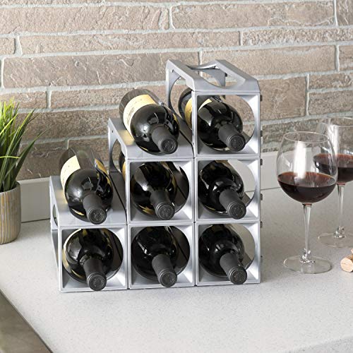 Stackable Modular Wine Rack - 12 Bottle Set (9 modules, 3 top Plates) Silver. Store up to 12 Bottles. Great for organizing and Creating Storage Space. by Stakrax