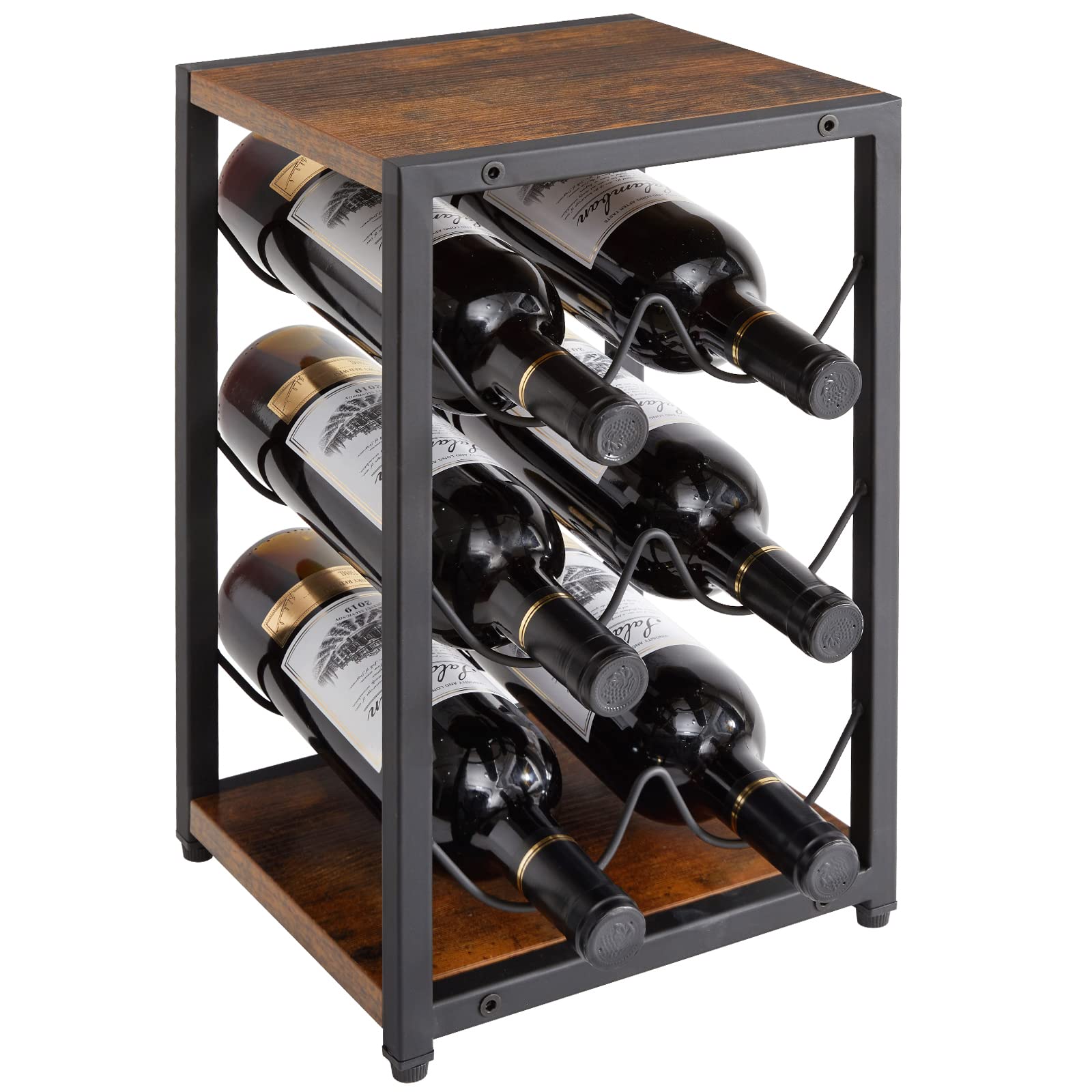 IBUYKE 6 Bottle Metal Wine Rack, Free Standing Wine Storage Holder for Horizontal Storage, 3-Tier Industrial Style Vintage Home Decorations for Cabinet, Cupboard, Countertop TMJ901H