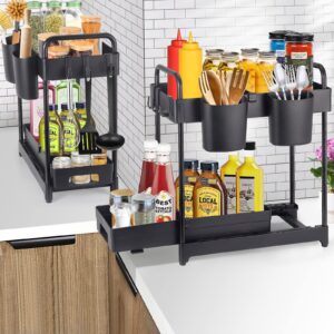 SYSAMA 2-Tier Under Sink Organizer, 2 Pack Kitchen Bathroom Sliding Under Cabinet Storage Drawer Organizer with Hooks, Hanging Cup, Handles, Multi-Purpose Under Cabinet Organizer