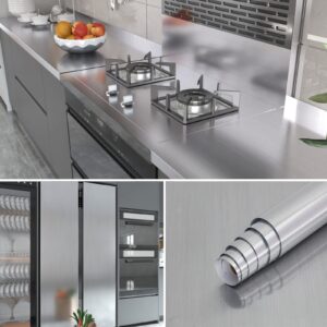 VOLEAAR Glossy Silver Stainless Steel Contact Paper 15.7 x 393.7 Inches Peel and Stick Vinyl Brushed Metal Look Wallpaper for Kitchen Cabinet Countertop Dishwasher Appliances Wrap Fridge Cover