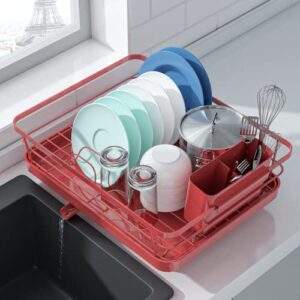 kitsure dish drying rack, space-saving dish rack, dish racks for kitchen counter, durable stainless steel kitchen drying rack with a cutlery holder, red