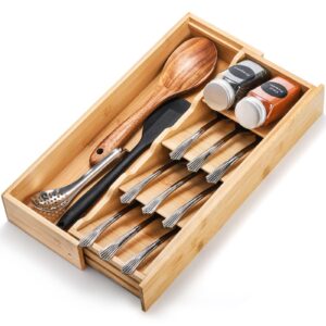fasmov silverware organizer storage tray, bamboo compact utensil organizer, cutlery expandable organizer for kitchen drawer holding flatware spoons forks