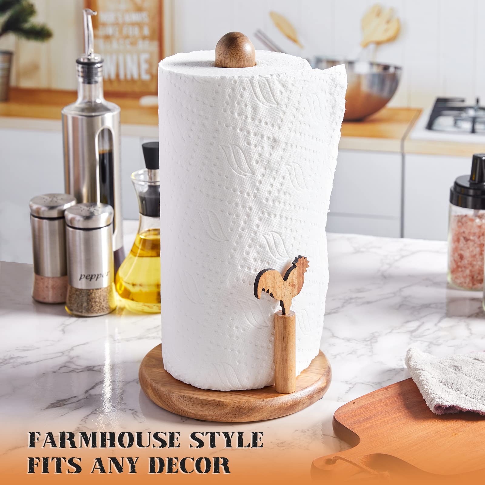 Paper Towel Holder Countertop, Bivvclaz Acacia Wood Paper Towel Holder Stand with Arm and Non Slip Weighted Base, Kitchen Paper Towel Roll Dispenser for Standard & Jumbo Sized Paper Towels