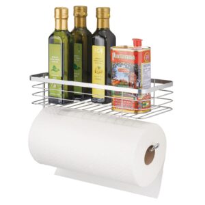 mdesign steel horizontal wall mount paper towel holder with basket storage organizer for kitchen countertop, pantry, cabinet, cupboard - holds spices, snacks, drinks - carson collection - chrome