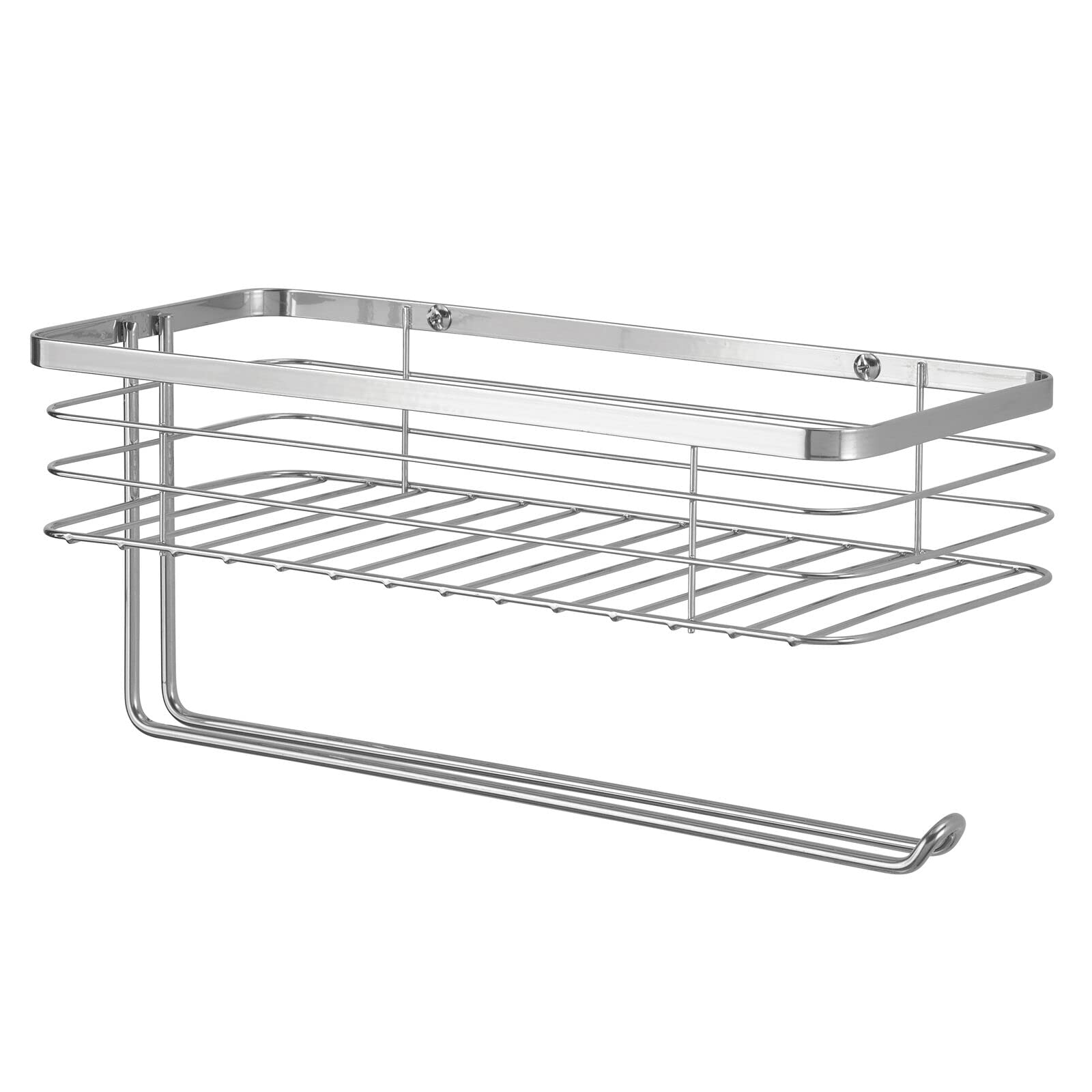 mDesign Steel Horizontal Wall Mount Paper Towel Holder with Basket Storage Organizer for Kitchen Countertop, Pantry, Cabinet, Cupboard - Holds Spices, Snacks, Drinks - Carson Collection - Chrome