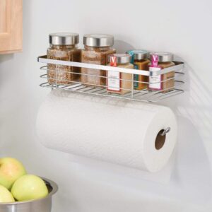 mDesign Steel Horizontal Wall Mount Paper Towel Holder with Basket Storage Organizer for Kitchen Countertop, Pantry, Cabinet, Cupboard - Holds Spices, Snacks, Drinks - Carson Collection - Chrome