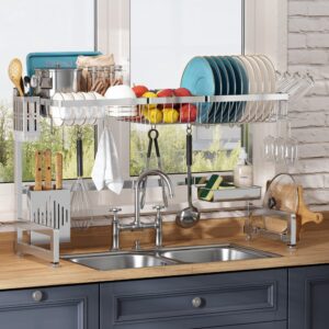 romision over the sink dish drying rack, 2-tier adjustable length(33.5-36.2in) stainless steel dish rack over sink, expandable large dish drainer for kitchen counter with 8 hooks, sliver