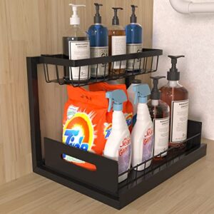 pupouse under sink organizer, pull out cabinet organizer 2 tier slide out sink shelf cabinet storage shelves, under sink organizers and storage black under sink storage for bathroom kitchen