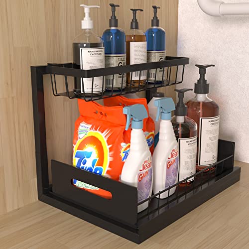 PUPOUSE Under Sink Organizer, Pull Out Cabinet Organizer 2 Tier Slide Out Sink Shelf Cabinet Storage Shelves, Under Sink Organizers and Storage Black Under Sink Storage for Bathroom Kitchen