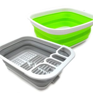 SAMMART 2pcs Kitchen & Outdoor Set : Collapsible Dish Drainer & 7.7L Collapsible Plastic Tub/Basin (2, Grey+Green)