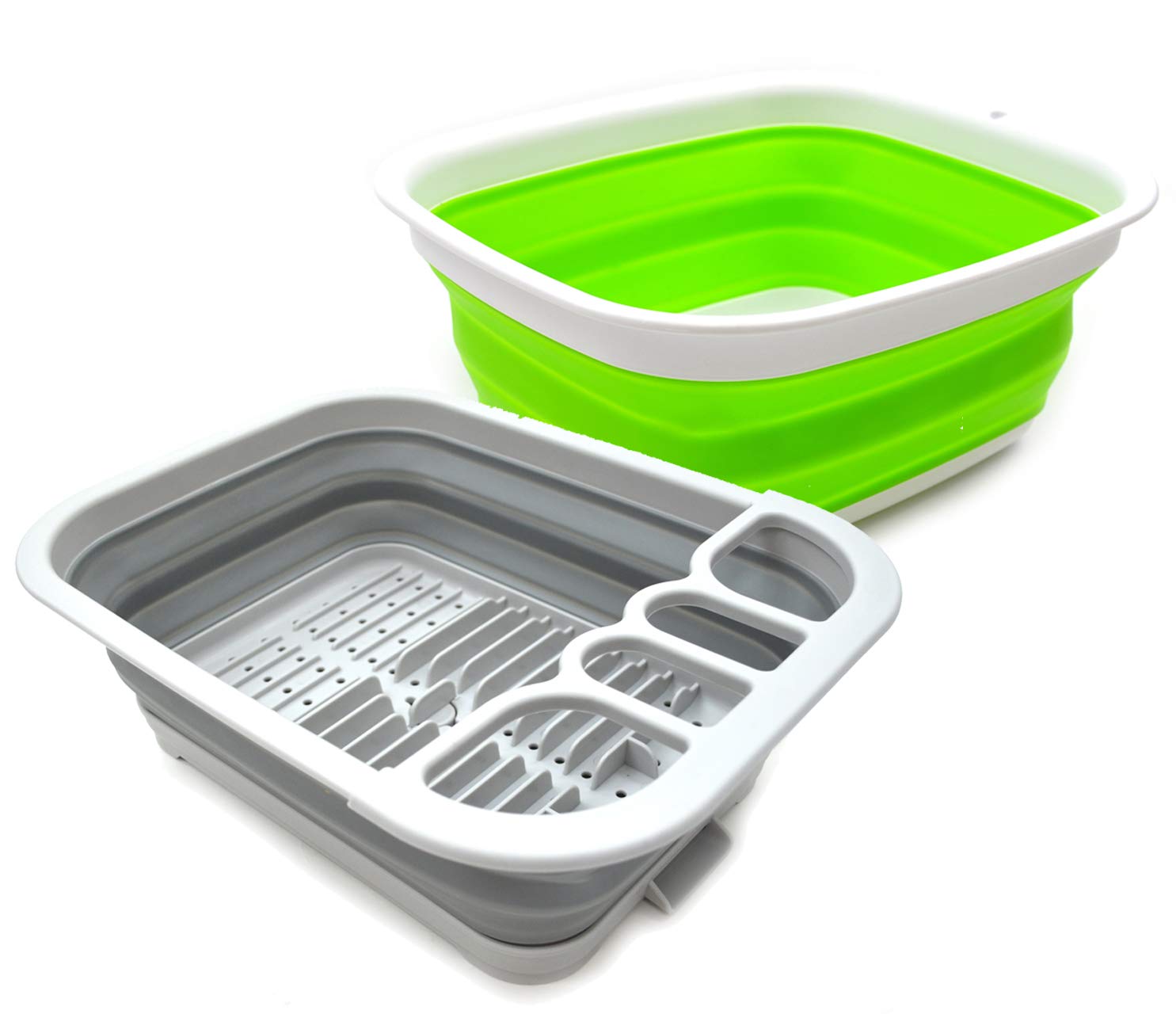 SAMMART 2pcs Kitchen & Outdoor Set : Collapsible Dish Drainer & 7.7L Collapsible Plastic Tub/Basin (2, Grey+Green)