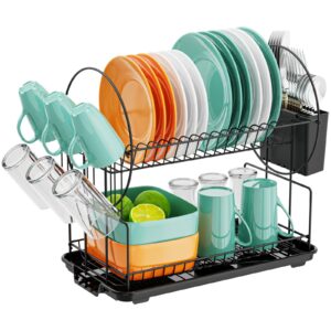 ispecle dish drying rack, small dish drainers for kitchen counter 2 tier dish rack with cup holder utensil holder and drainboard set, black
