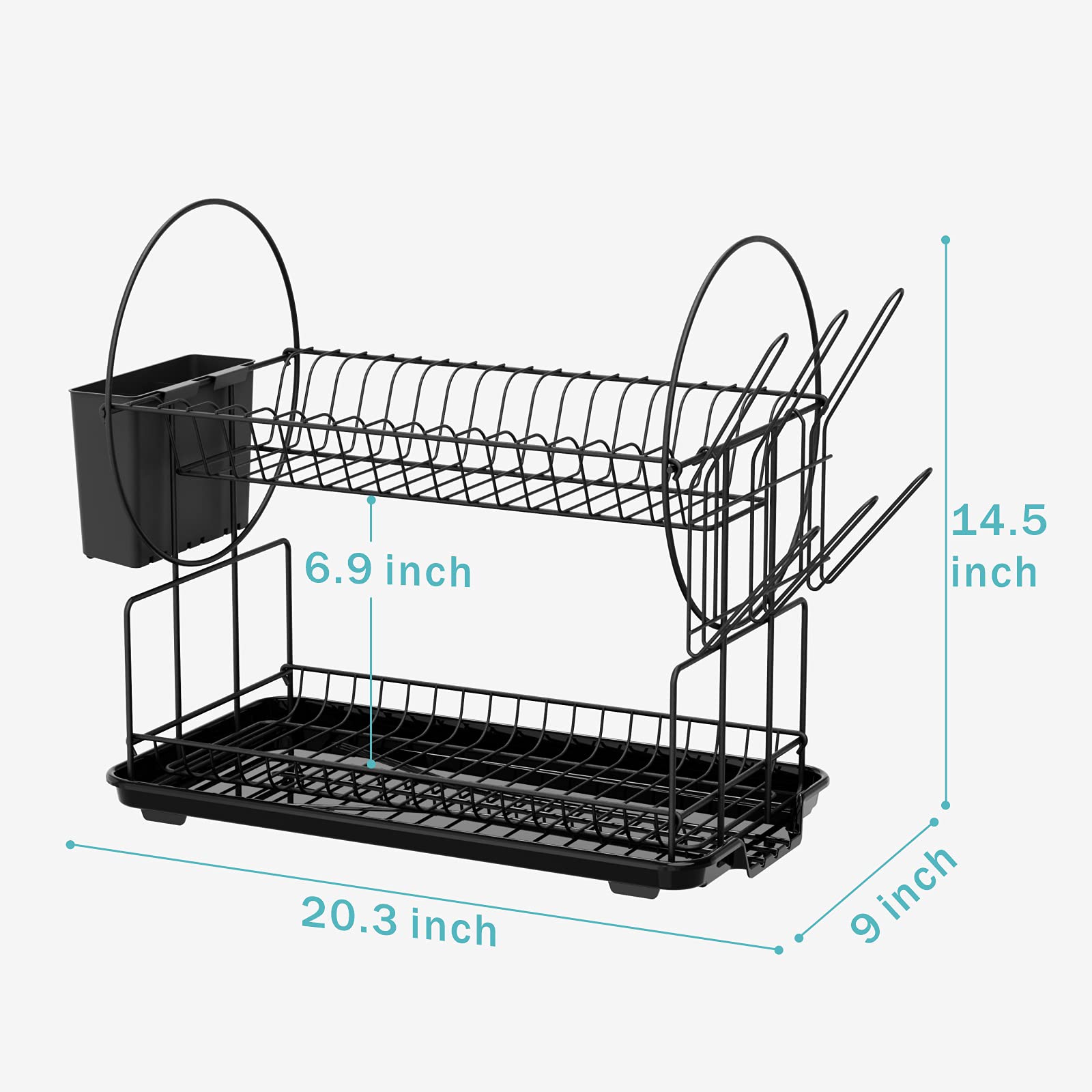 iSPECLE Dish Drying Rack, Small Dish Drainers for Kitchen Counter 2 Tier Dish Rack with Cup Holder Utensil Holder and Drainboard Set, Black