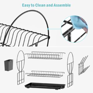 iSPECLE Dish Drying Rack, Small Dish Drainers for Kitchen Counter 2 Tier Dish Rack with Cup Holder Utensil Holder and Drainboard Set, Black