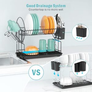 iSPECLE Dish Drying Rack, Small Dish Drainers for Kitchen Counter 2 Tier Dish Rack with Cup Holder Utensil Holder and Drainboard Set, Black