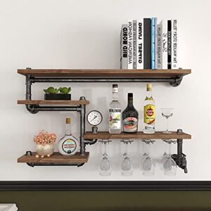 homekayt industrial pipe wine rack, wall mounted wine rack with 4 stem glass holder, metal floating bar shelves wall bar shelf for kitchen/living room/home