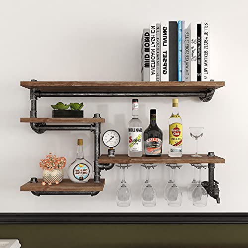 HOMEKAYT Industrial Pipe Wine Rack, Wall Mounted Wine Rack with 4 Stem Glass Holder, Metal Floating Bar Shelves Wall Bar Shelf for Kitchen/Living Room/Home