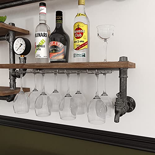 HOMEKAYT Industrial Pipe Wine Rack, Wall Mounted Wine Rack with 4 Stem Glass Holder, Metal Floating Bar Shelves Wall Bar Shelf for Kitchen/Living Room/Home